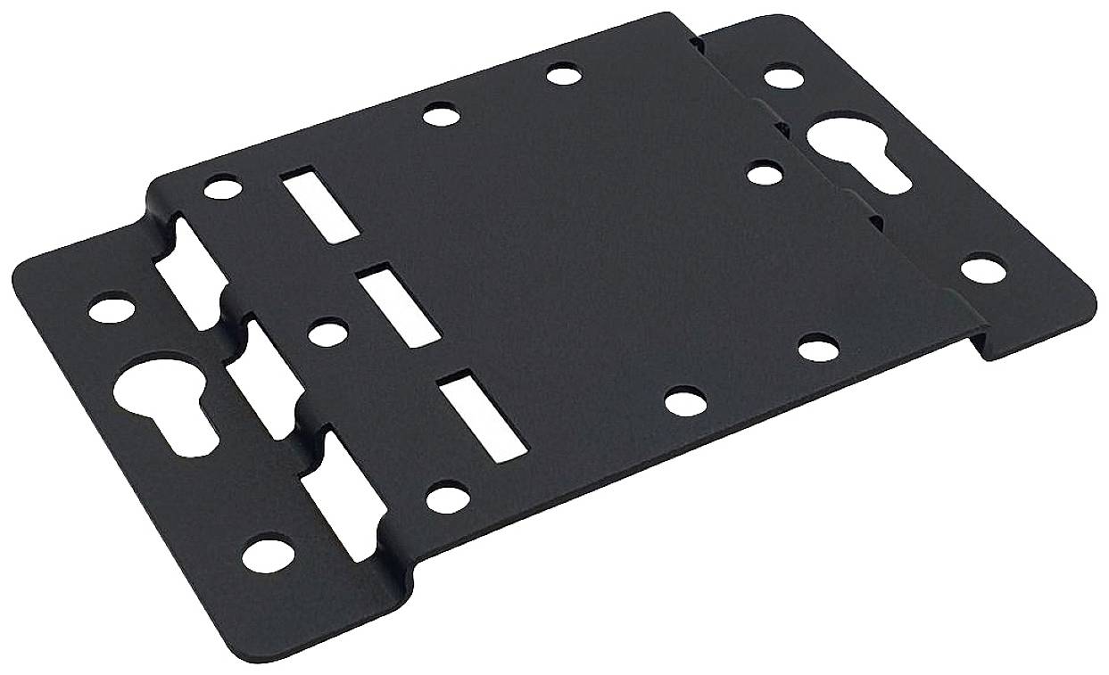 Deux plaques métalliques noires percées de plusieurs trous de fixation et comportant des découpes, probablement destinées à la fixation d'équipements.