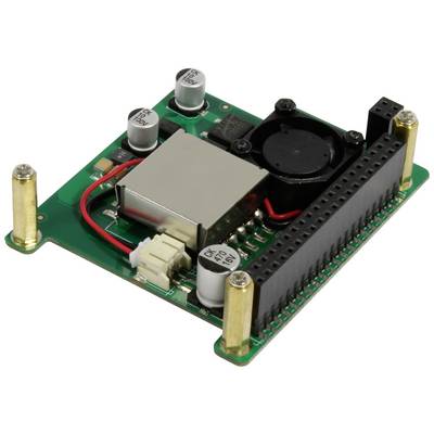 Une carte électronique verte avec un boîtier métallique, des condensateurs, un ventilateur et des connecteurs, montrant des composants typiques d'un circuit.