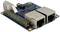 Une petite carte électronique avec deux ports Ethernet, des barrettes de connexion colorées et divers composants électroniques.