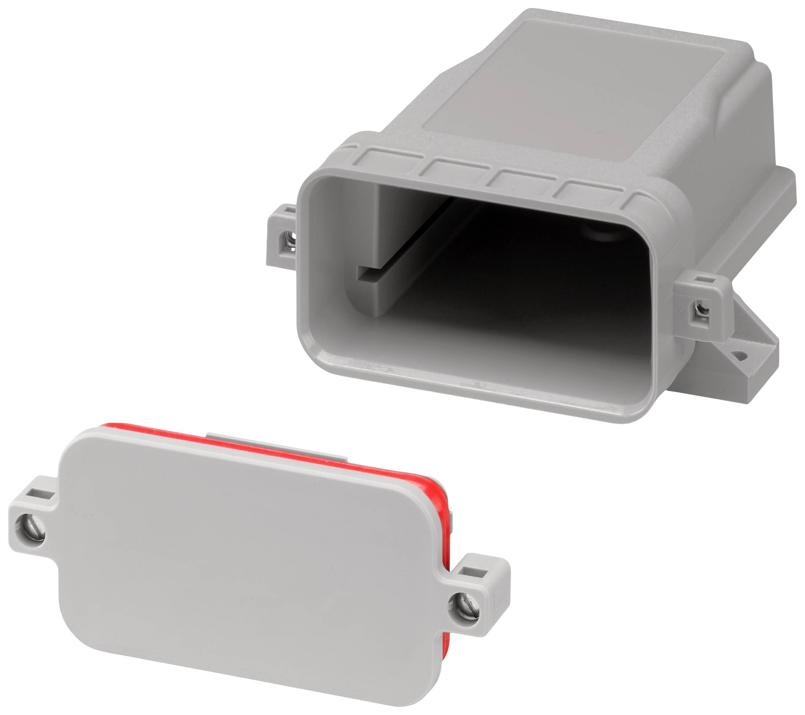 Un boîtier rectangulaire gris avec un couvercle amovible, adapté aux composants électroniques ou électriques.