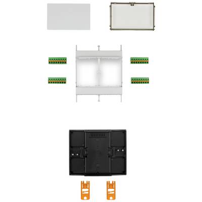 L'image montre les pièces démontées d'un appareil électrique : le couvercle, le boîtier, les circuits imprimés et les connexions, disposés individuellement.
