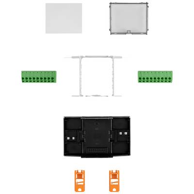 Composants d'un ensemble de connecteurs électriques, comprenant un boîtier en plastique, un support métallique et des modules de connexion verts.