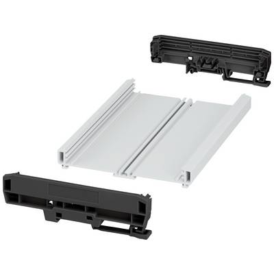 Un boîtier rectangulaire gris en plastique, flanqué de deux embouts noirs, probablement un composant de boîtier pour un appareil électronique.