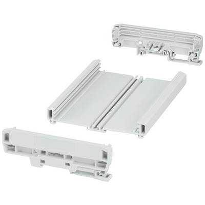 Trois pièces en plastique gris rectangulaires de formes différentes, probablement destinées à composer un boîtier ou un cadre.