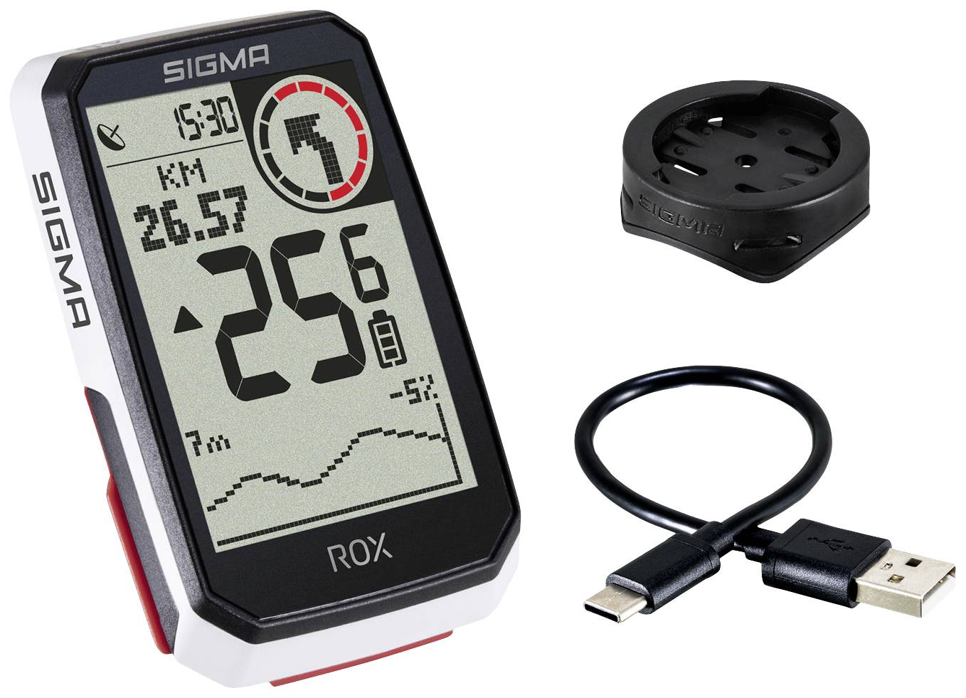 'Ordinateur de vélo Sigma ROX 4.0 avec accessoires. Affiche la distance, le temps, la vitesse et l'altitude. Comprend un support magnétique et un câble USB.'