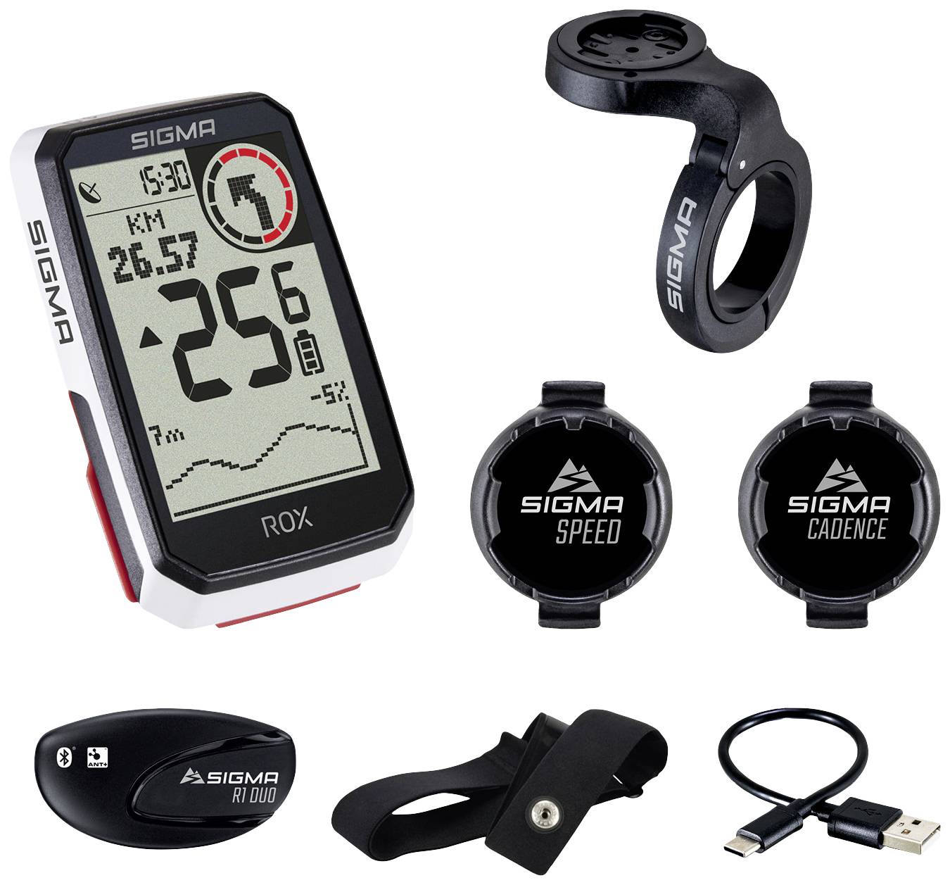 Ensemble d'ordinateur de vélo avec capteurs de vitesse et de cadence, support de guidon, ceinture cardiofréquencemètre et câble de chargement USB.