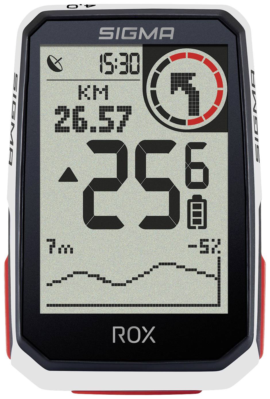 Ordinateur de vélo avec affichage : heure actuelle, kilométrage, vitesse -25,6 km/h, graphique d'altitude, état de la batterie.