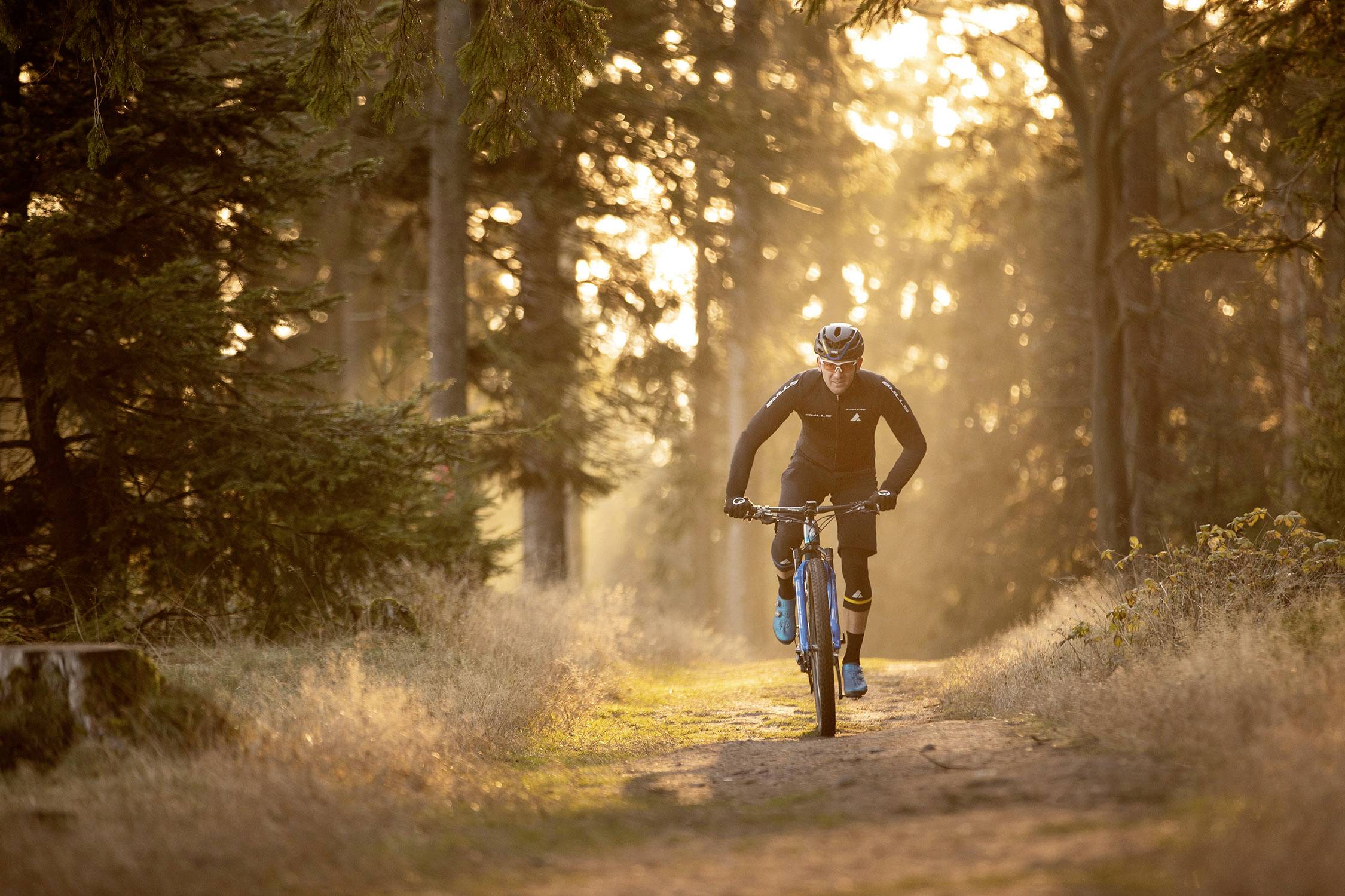 Un cycliste longe un chemin forestier au coucher du soleil, entouré d'arbres et de lumière dorée.