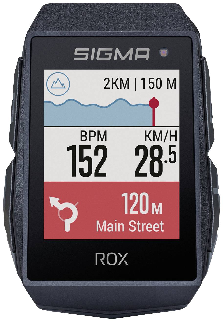 Un ordinateur de vélo affiche 2 km de distance, 150 m de dénivelé, 152 BPM de fréquence cardiaque, 28,5 km/h de vitesse, 120 m jusqu'à Main Street.