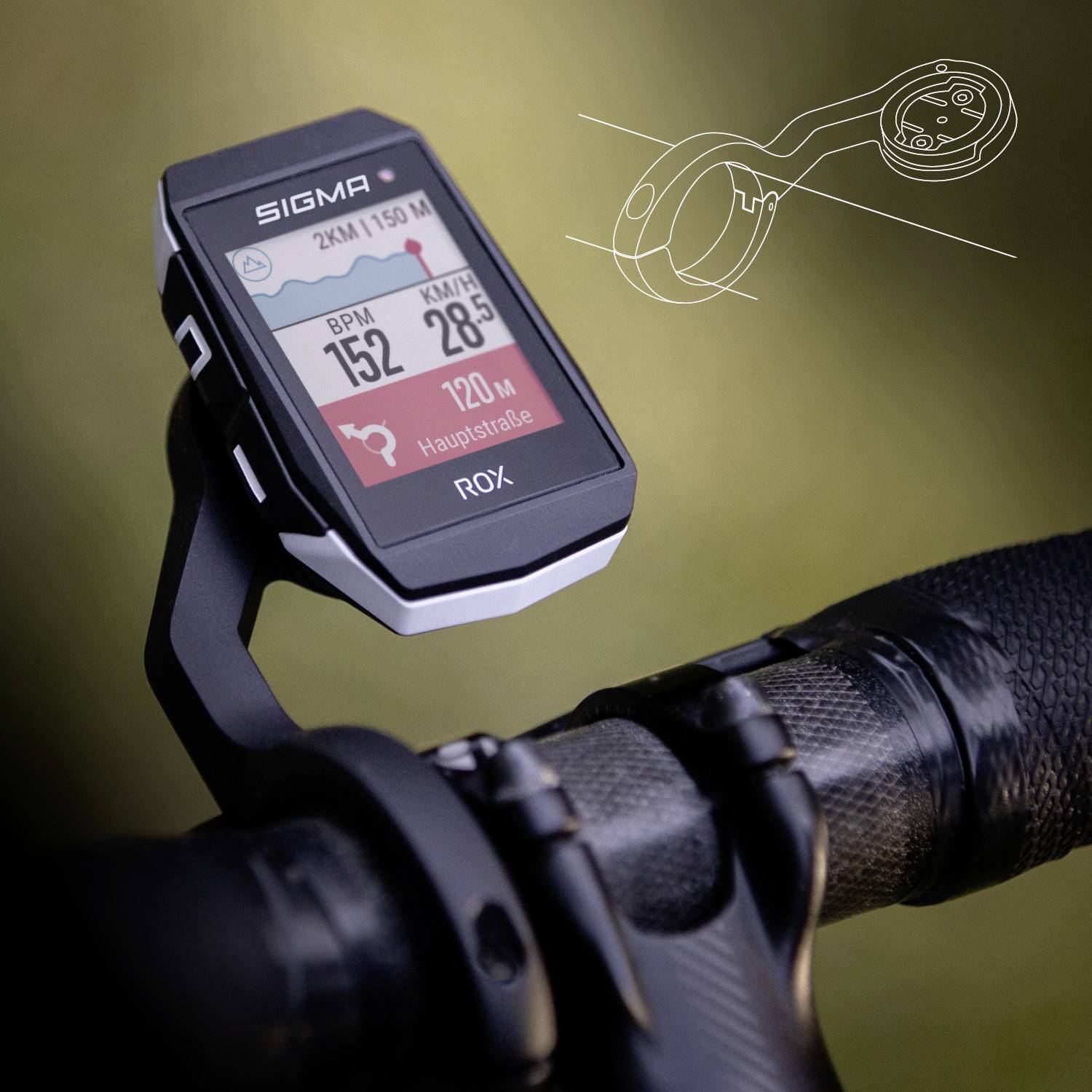 Ordinateur de vélo monté sur le guidon. L'écran affiche la fréquence cardiaque, la vitesse et la navigation vers la 'route principale', avec un indicateur de pourcentage.