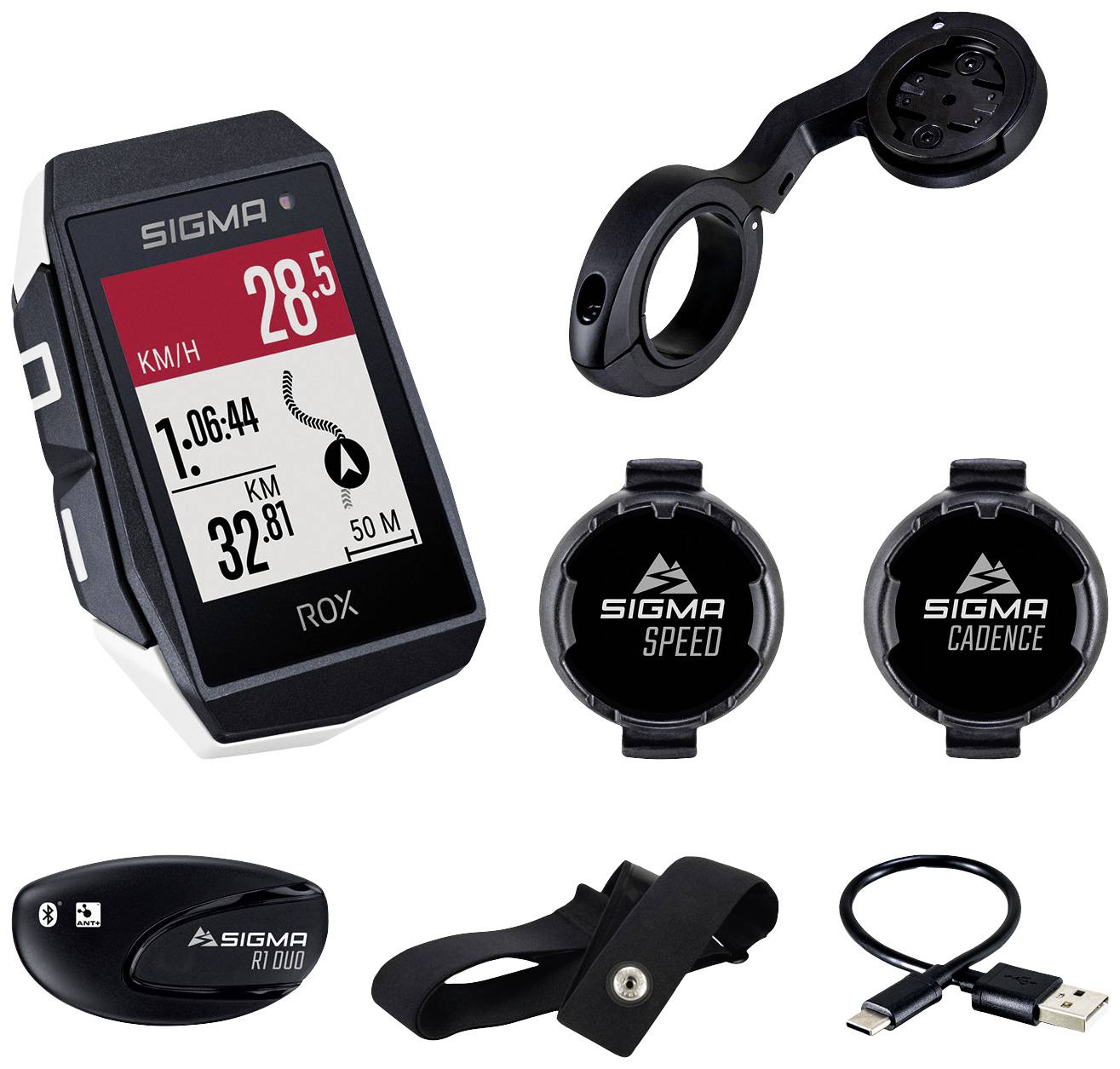 Ensemble d'ordinateur de vélo comprenant un appareil SIGMA ROX, un support, un capteur de vitesse, un capteur de cadence, un capteur duo, un bracelet élastique et un câble USB.