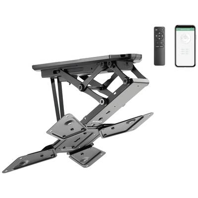 Support TV motorisé avec bras articulable, télécommande et contrôle par application smartphone. Idéal pour une installation flexible et économe en espace.