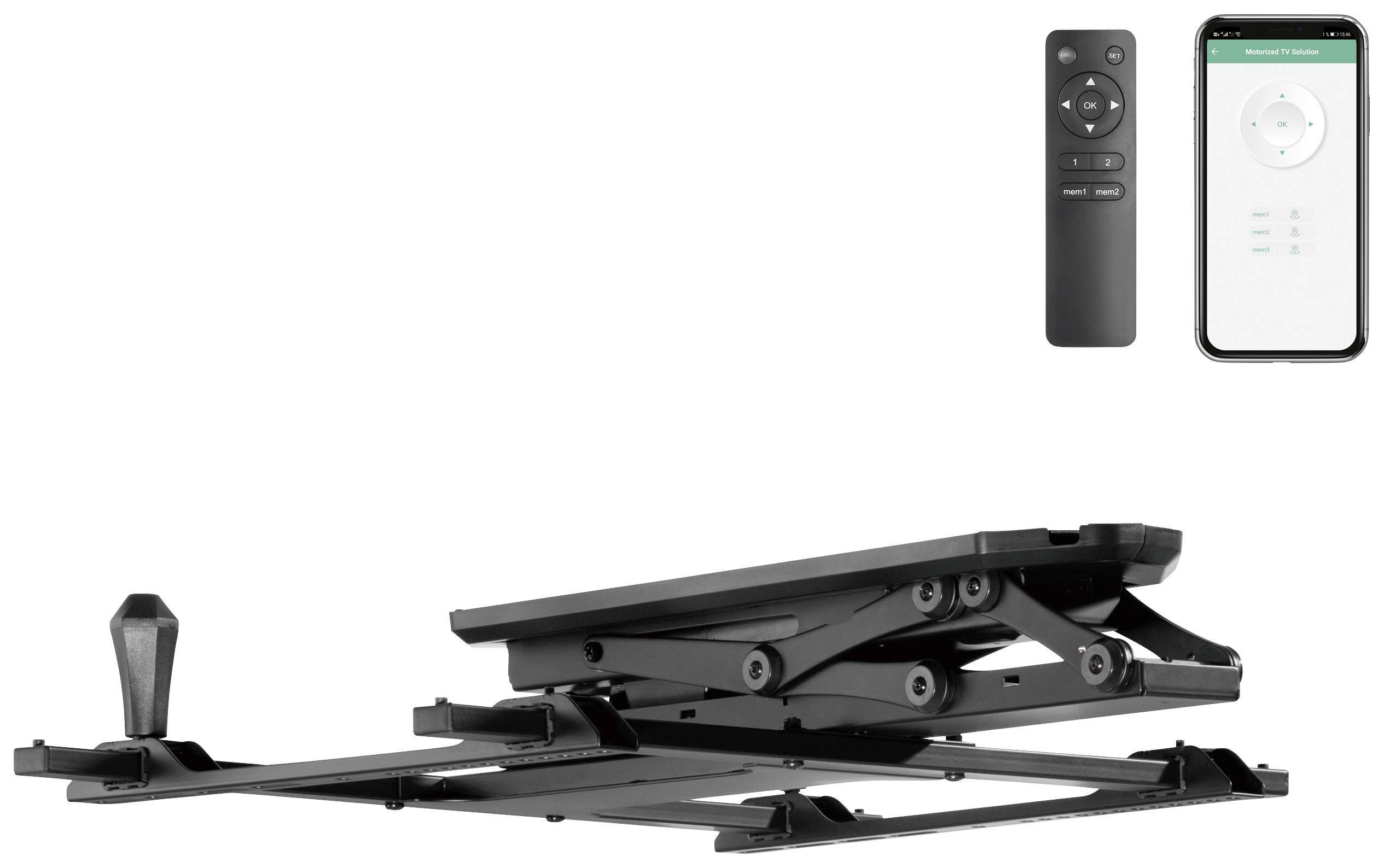 Un ascenseur de télévision noir, réglable en hauteur, avec télécommande et application smartphone pour le contrôle. Adapté aux installations de home cinéma.