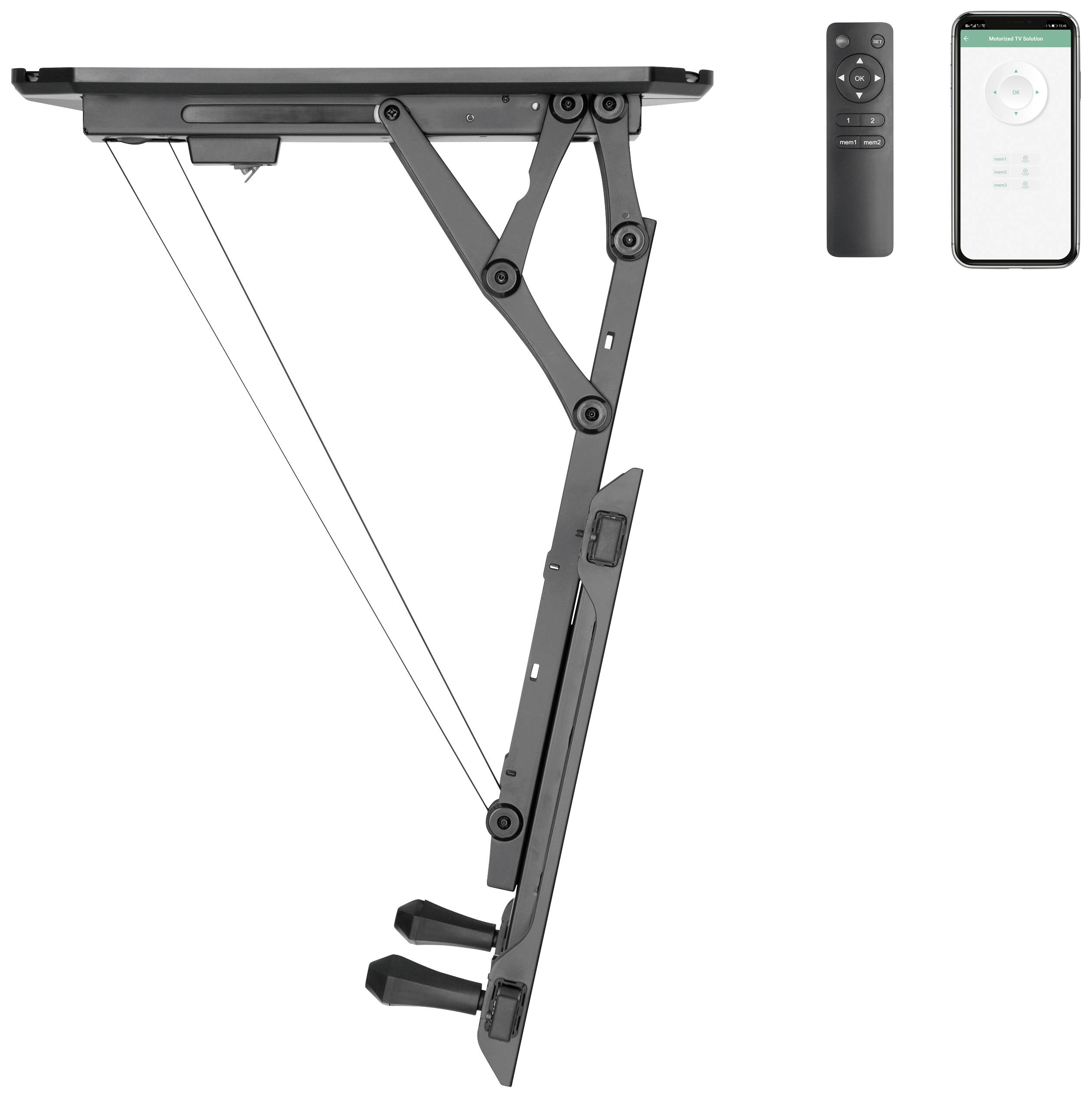 Élément de mobilier doté d'un mécanisme motorisé et escamotable, à côté duquel se trouvent une télécommande et un smartphone pour le contrôle.