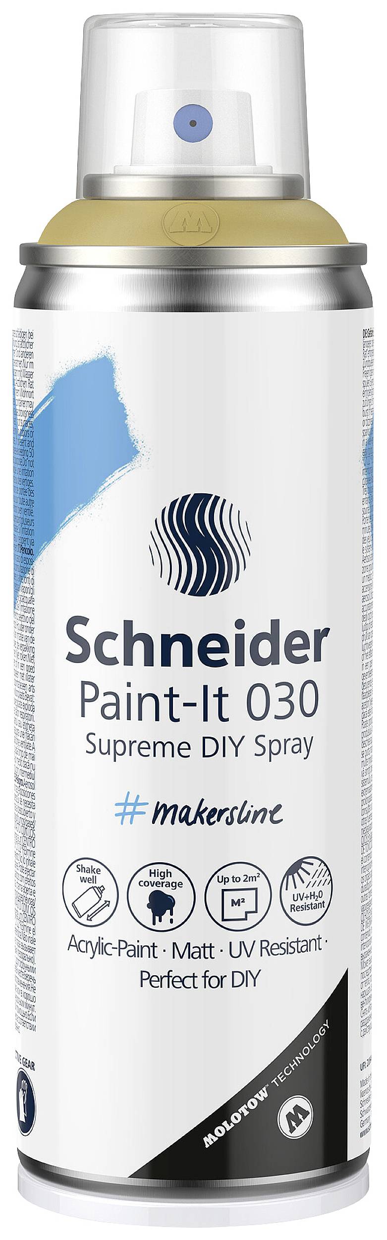 Bombe aérosol avec indication de couleur bleue. Étiquetée 'Schneider Paint-It 030 Supreme DIY Spray'. Mettant l'accent sur la convenance pour les projets de bricolage.