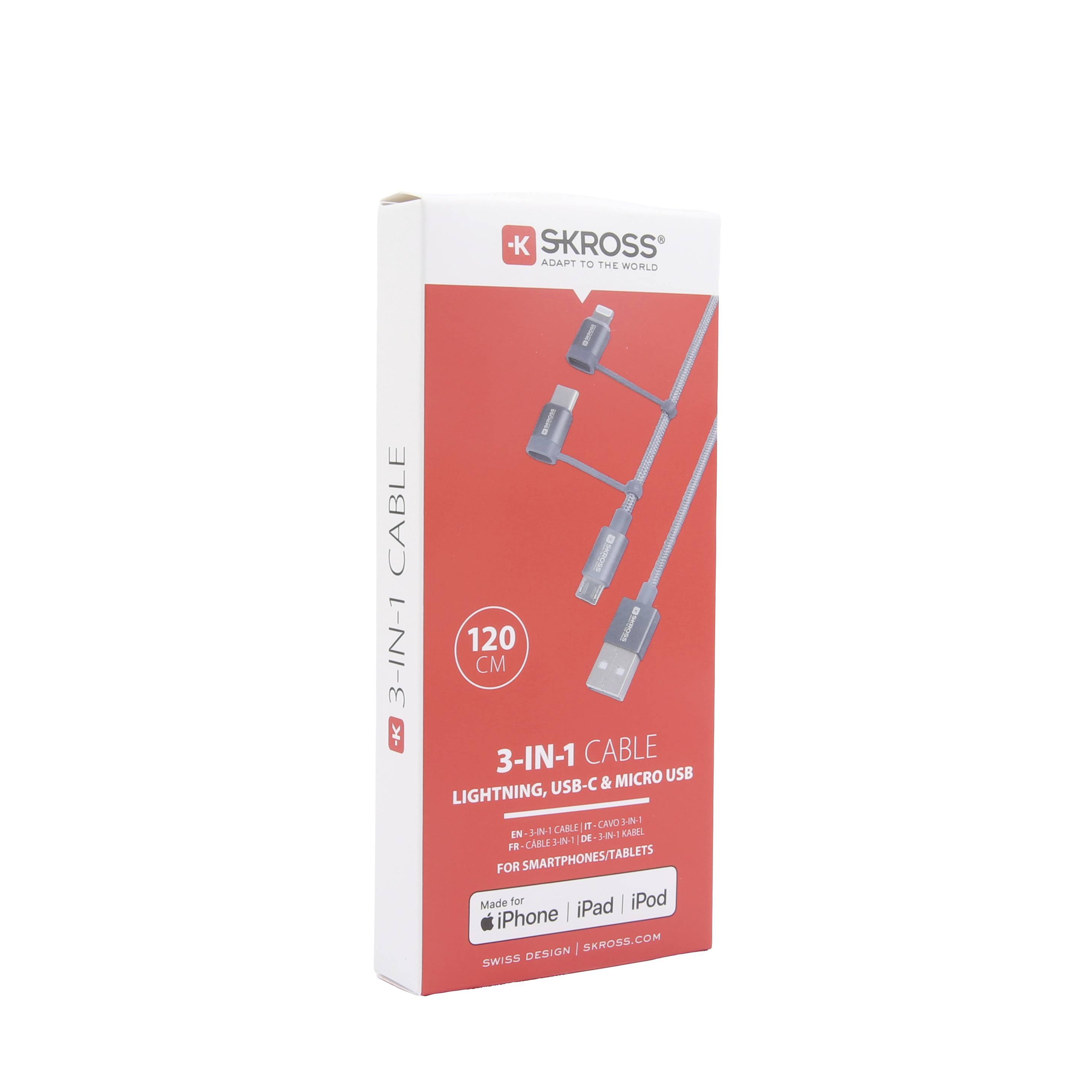 Emballage d'un câble Skross '3-en-1', compatible avec Lightning, USB-C et Micro USB, longueur 120 cm, adapté pour iPhone, iPad et iPod.