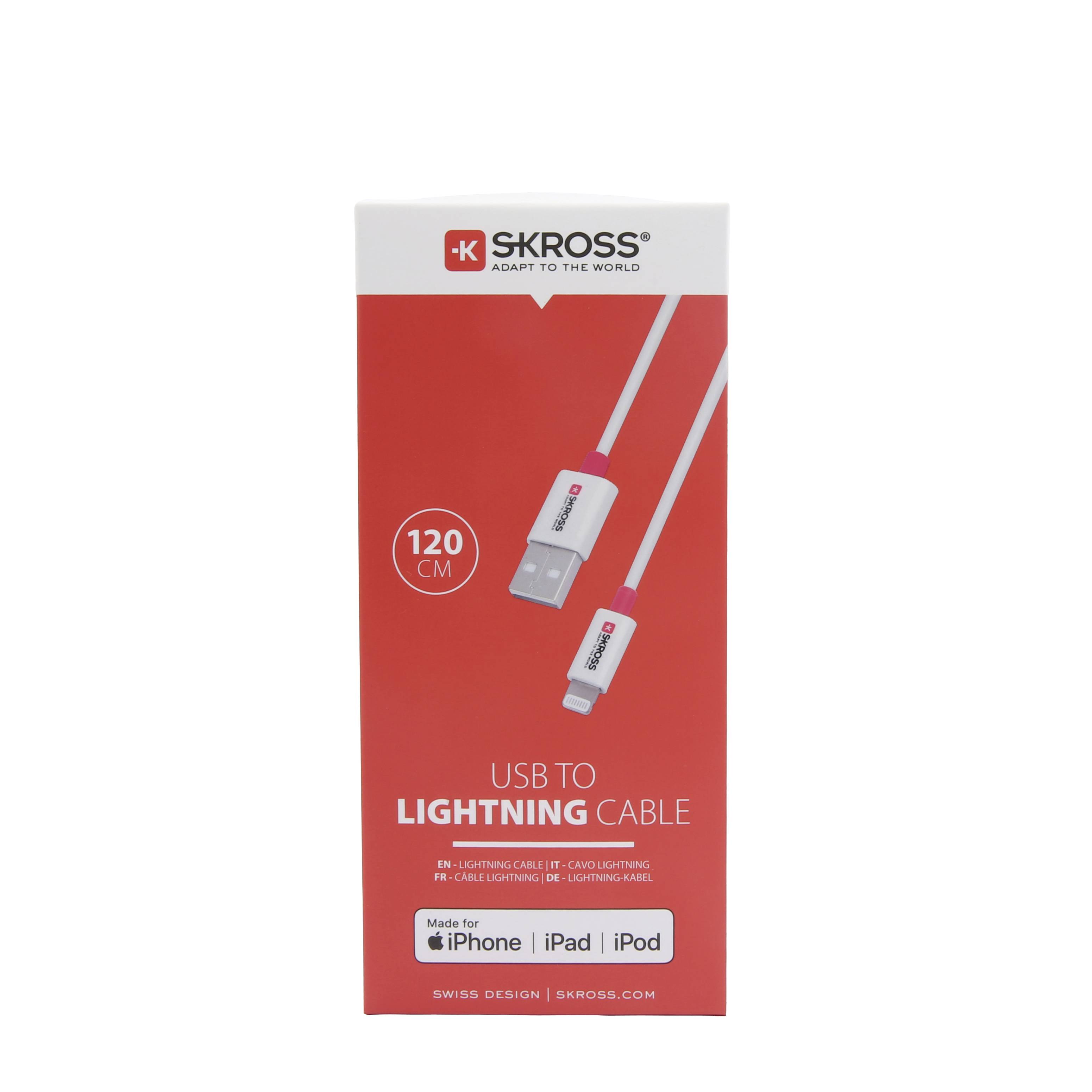 Emballage de câble Skross USB vers Lightning, longueur de 120 cm, compatible avec iPhone, iPad et iPod. Câble blanc sur fond rouge.