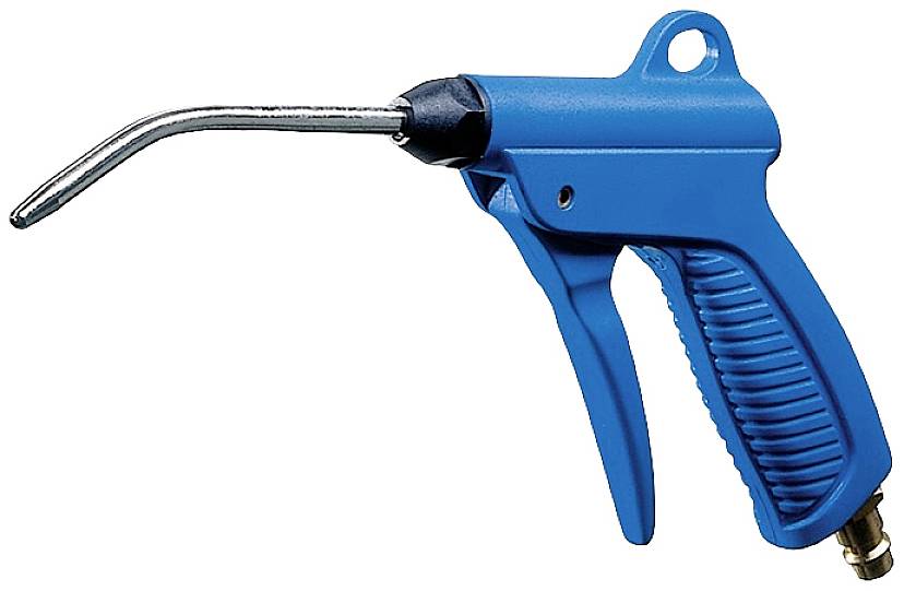 Pistolet de soufflage pneumatique bleu avec poignée ergonomique et buse incurvée, pour nettoyer ou éliminer les saletés.