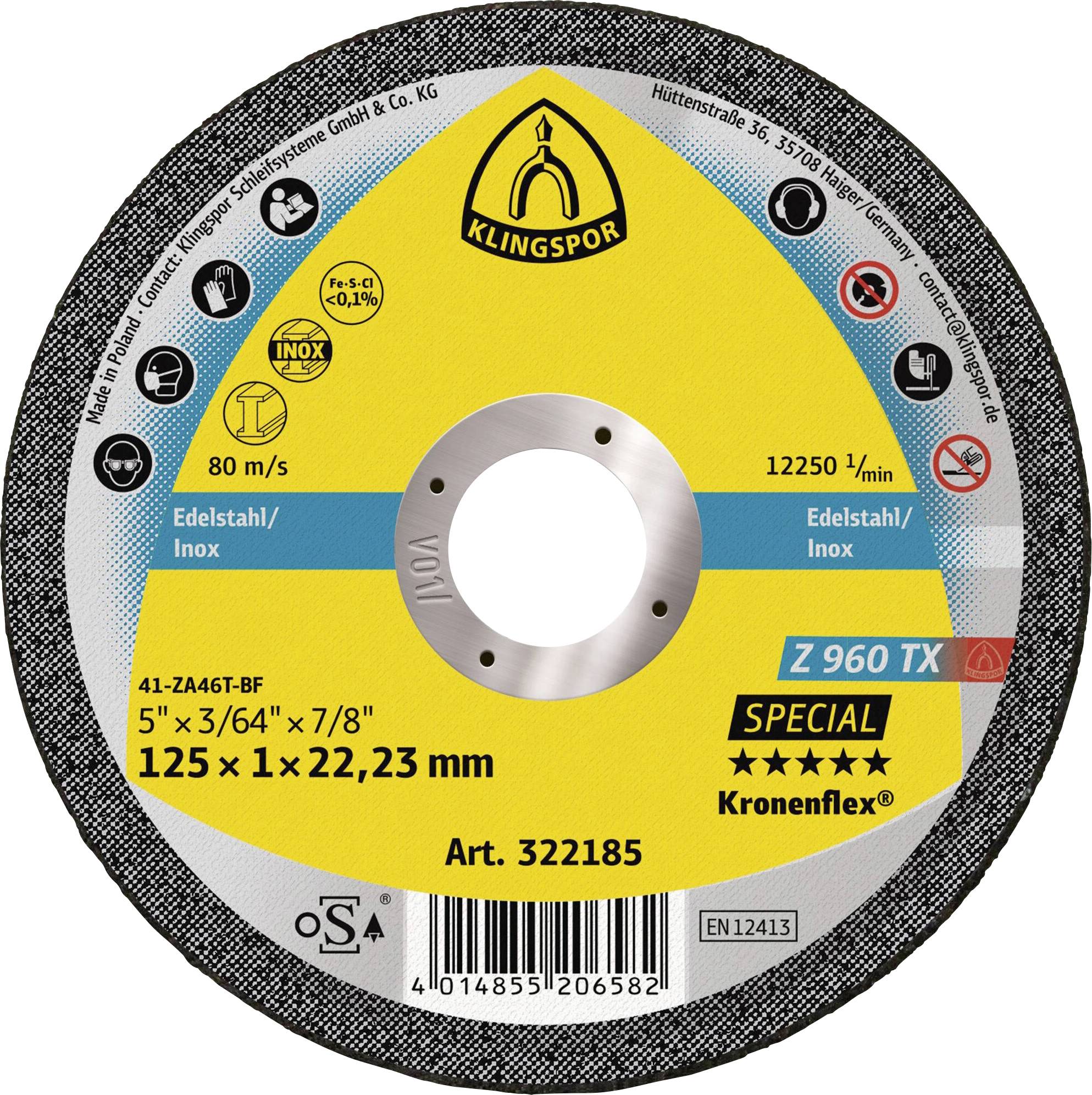 Disque de coupe KLINGSPOR Kronenflex Z 960 TX pour acier inoxydable/inox, 125 x 1 x 22,23 mm, max 12 250 tr/min