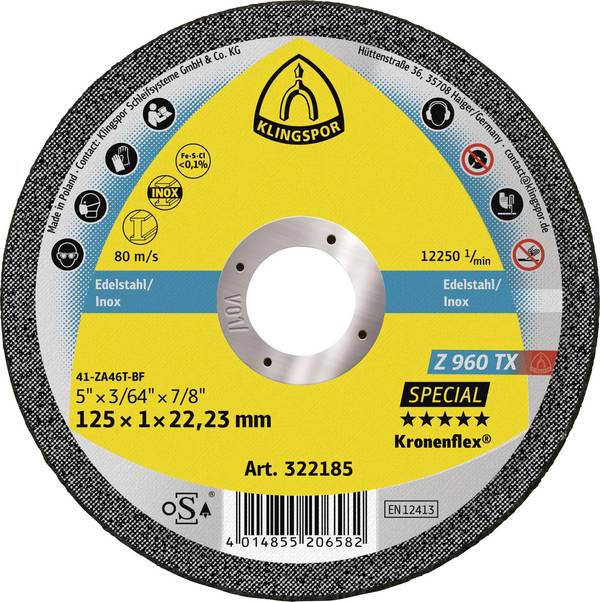 Klingspor Z 960 TX 322185 Disque à tronçonner 125 mm 25 pc(s) Fonte, acier inoxydable, acier