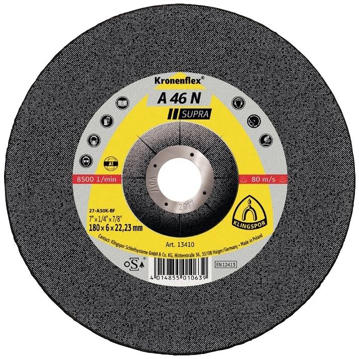 Disque à tronçonner 'Kronenflex A 46 N Supra' de Klingspor pour l'usinage des métaux, diamètre 180 mm, vitesse maximale 8500 tr/min.