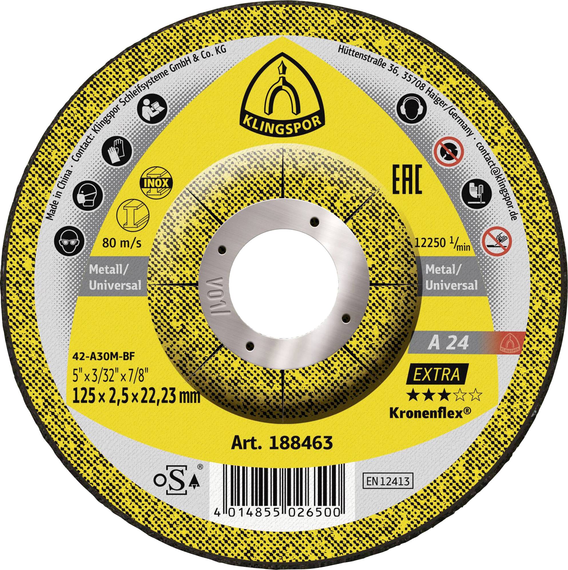 Disque de coupe abrasif Klingspor pour métal/usage universel, étiqueté A 24 Extra, 125 x 2,5 x 22,23 mm, régime maximal 12 250 tr/min.