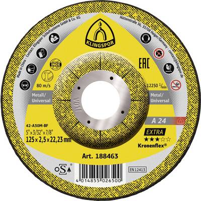 Disque de coupe abrasif Klingspor pour métal/usage universel, étiqueté A 24 Extra, 125 x 2,5 x 22,23 mm, régime maximal 12 250 tr/min.