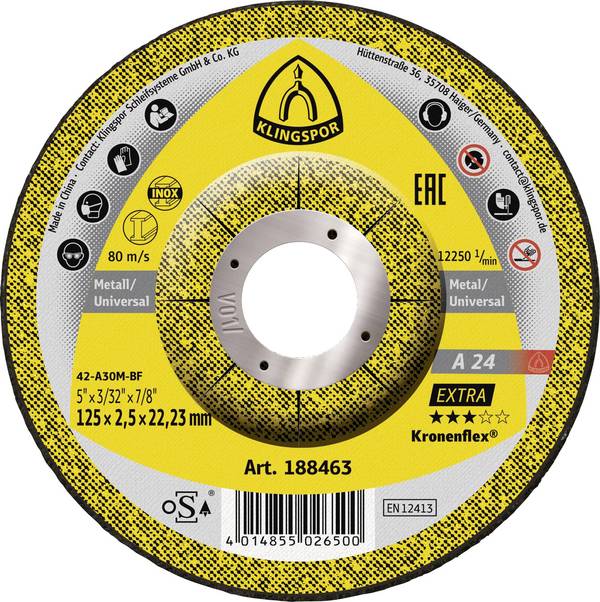 Klingspor A 24 Extra 188463 Disque à tronçonner à moyeu déporté 125 mm 25 pc(s) acier