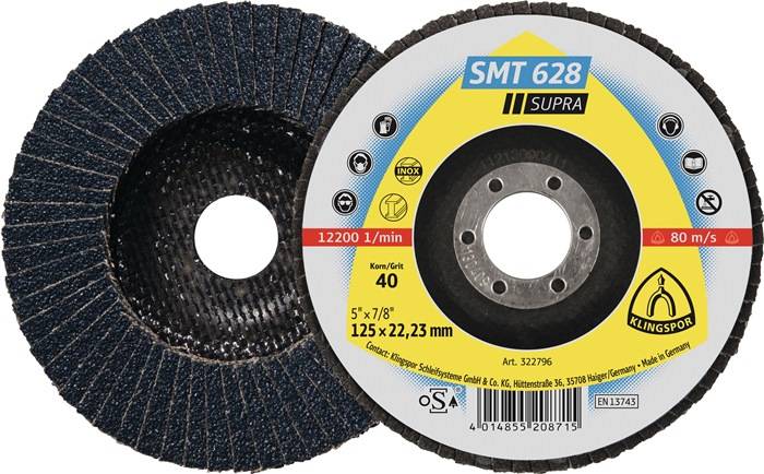 Disque abrasif SMT 628 Supra, grain 40, diamètre 125 mm, alésage 22,23 mm, pour acier inoxydable et acier à 12200 tr/min.