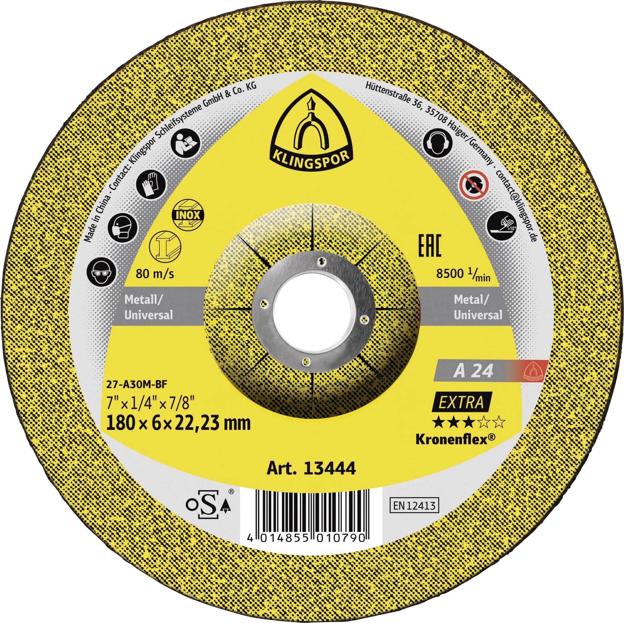 Disque de coupe abrasif Klingspor Kronenflex étiqueté « A 24 EXTRA », 7x1/4x7/8 po, pour utilisation sur métal/universel, 80 m/s, 8500/min.