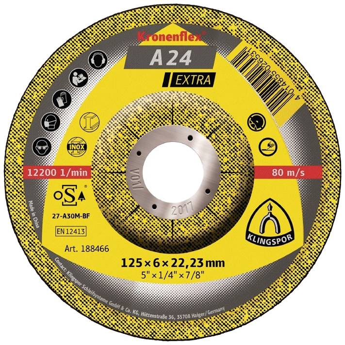 Disque à tronçonner, marque 'Kronenflex', type A24 Extra, 125x6x22,23 mm, affiche une vitesse de rotation maximale de 12200 tr/min et une vitesse de 80 m/s.