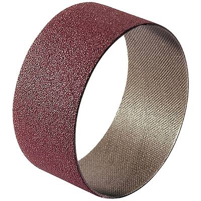 Un ruban de ponçage rouge en forme d'anneau. Il est à grain grossier et est fréquemment utilisé dans les machines à poncer pour lisser les surfaces.