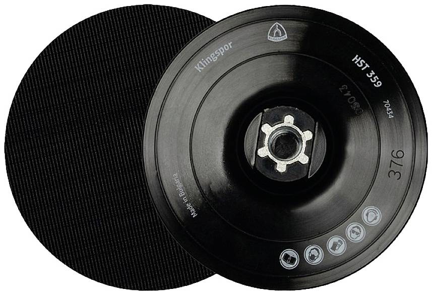 Deux disques de ponçage noirs, ronds, en plastique avec noyau métallique, un trou de fixation central et des informations du fabricant.