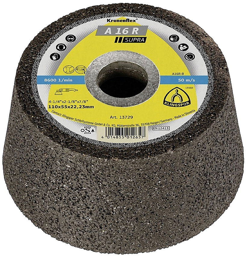 Disque abrasif Klingspor avec l'inscription 'A 16 R Supra', diamètre 110x55x22,23 mm. Adapté pour 50 m/s, 8600 tr/min max.