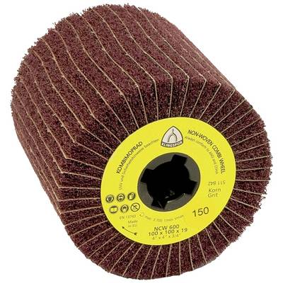 Rouleau abrasif avec grain abrasif brun et étiquette jaune portant les spécifications 'NCW 600, grain 150', utilisé pour le traitement de surface.