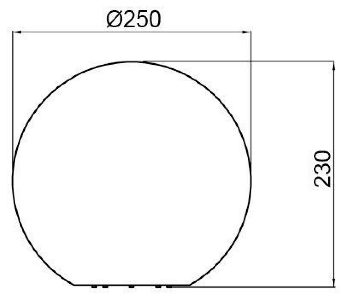 Dessin technique d'un objet circulaire, étiqueté 250 mm de large et 230 mm de haut, représenté avec des lignes de cote.