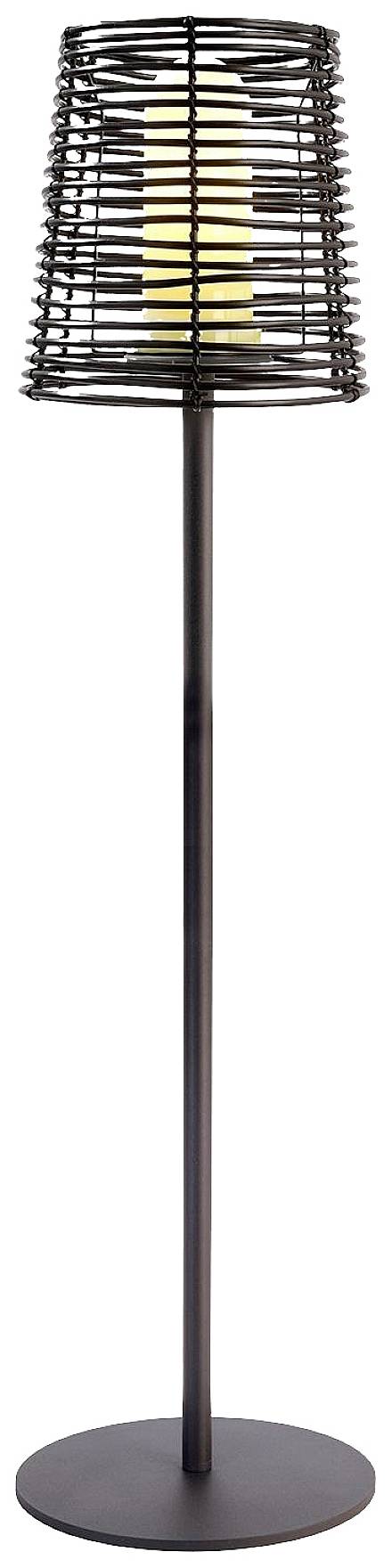 Lampadaire avec abat-jour tressé noir et ampoule apparente. Design moderne sur socle rond.