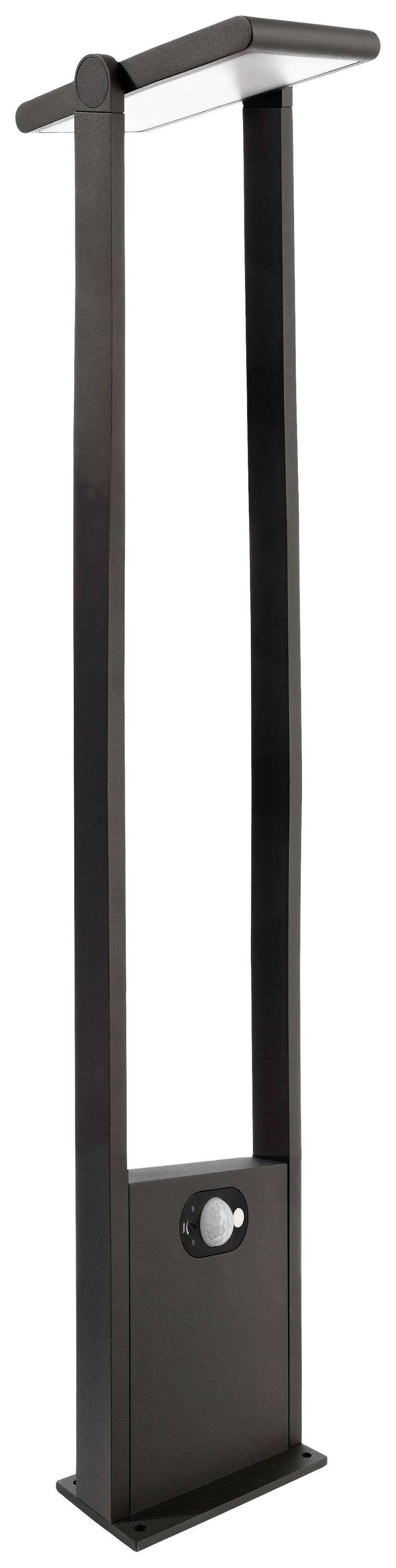 Un luminaire extérieur noir moderne avec un cadre rectangulaire et un détecteur de mouvement intégré dans la partie inférieure.