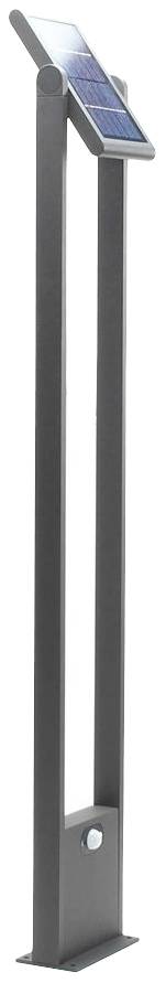 Cadre support étroit en métal avec un petit panneau solaire et un détecteur de mouvement. Dispositif d'éclairage pour extérieur.