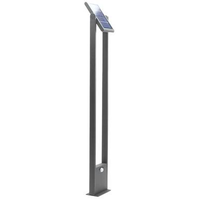 Cadre support étroit en métal avec un petit panneau solaire et un détecteur de mouvement. Dispositif d'éclairage pour extérieur.