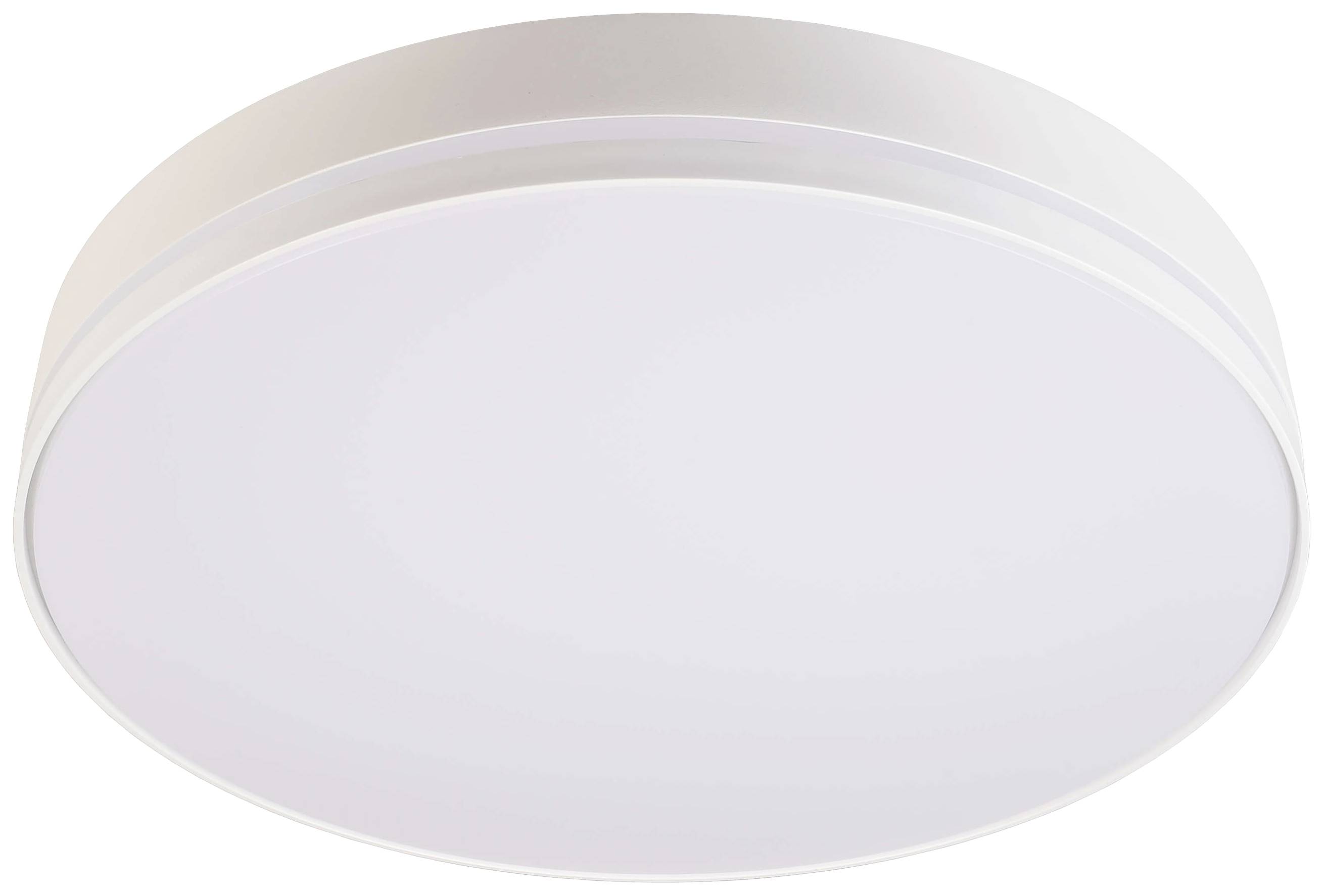 Un plafonnier rond avec un cadre blanc et un diffuseur qui répartit une lumière uniforme.