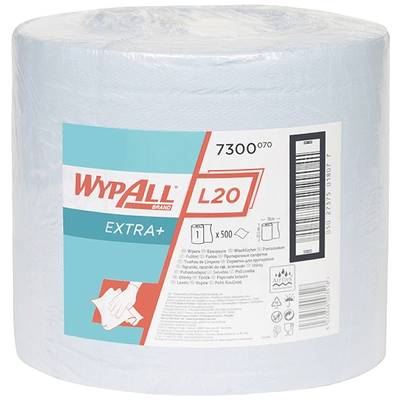 Un rouleau de lingettes de nettoyage WypAll L20 avec 500 feuilles bleues hautement absorbantes. Principalement adapté pour le nettoyage industriel.