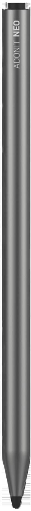 Un stylo argenté, cylindrique, à pointe noire.