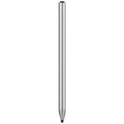 Stylo argenté au design élégant et à l'embout noir, présenté verticalement.