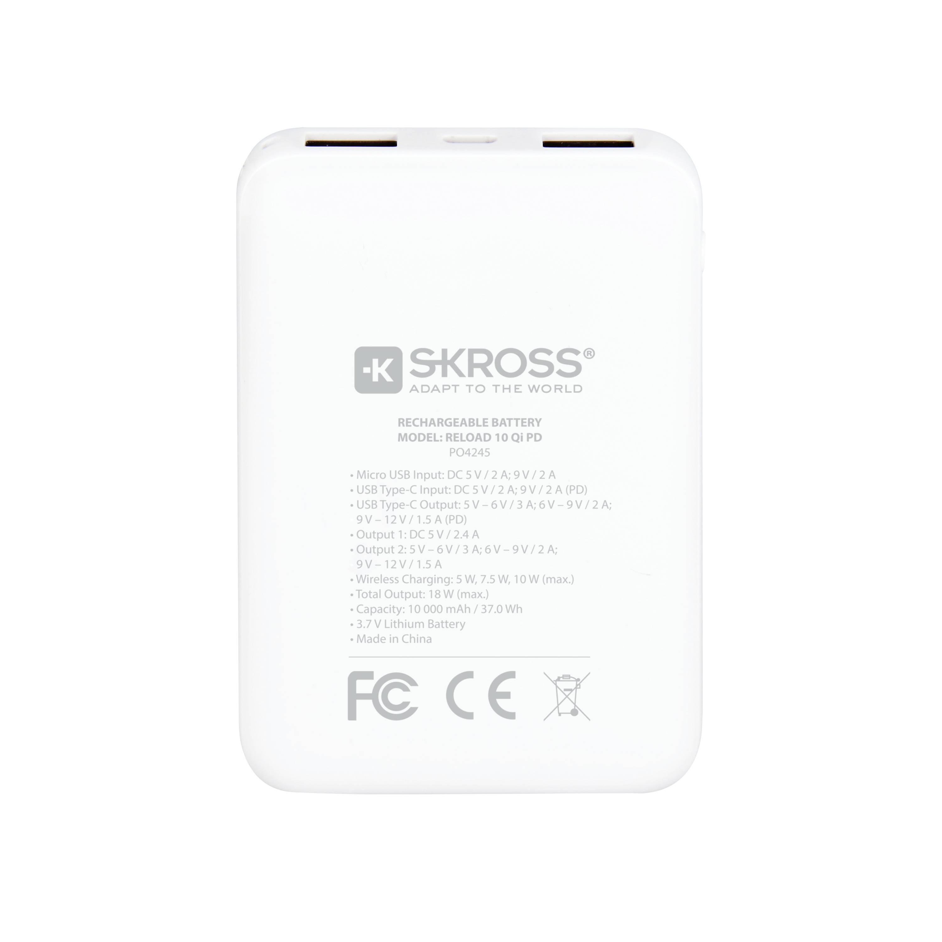 Batterie blanche, rectangulaire et rechargeable avec le logo SKROSS et les spécifications techniques en écriture noire sur la face avant.