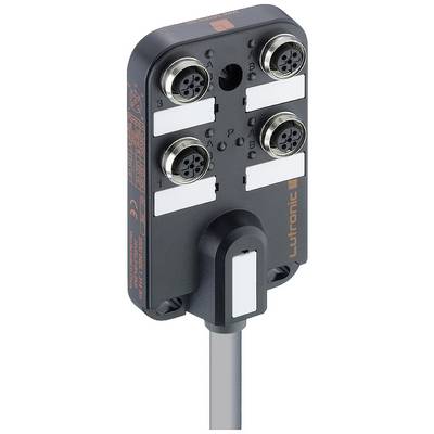 'Connecteur électronique rectangulaire avec quatre bornes rondes et câble, noir avec logo orange, vue de face.'