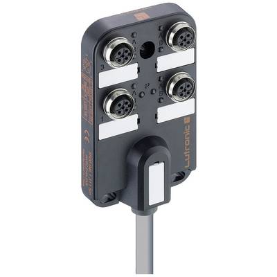 Un dispositif de capteur avec quatre connexions rondes, deux en haut et deux en bas, et un branchement de câble en dessous, sur un fond gris.