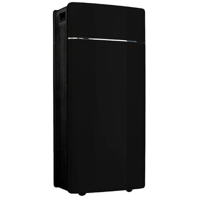 Un refroidisseur d'air noir, rectangulaire, au design simple, adapté aux espaces intérieurs. Monté sur de petites roues pour une mobilité facile.