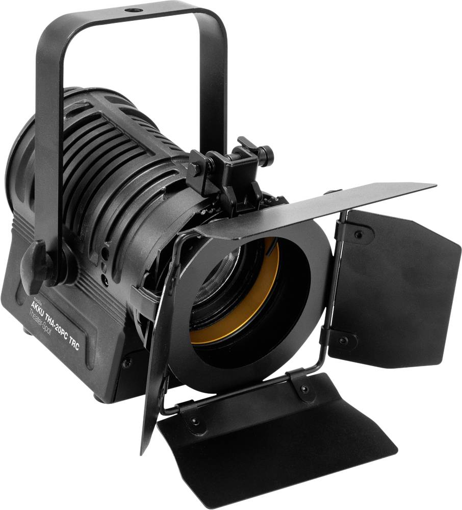 Projecteur de studio noir avec portes de grange ajustables et poignée de positionnement, adapté pour un contrôle précis de la lumière en photographie.