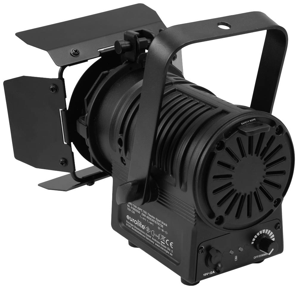 Projecteur de scène noir avec ailettes ajustables pour contrôler la répartition lumineuse, adapté aux utilisations théâtrales et scéniques.